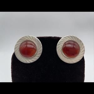 Tulla Booth 925 Silver Amber Color Cabochon Vintage Large Round Clip On Earrings